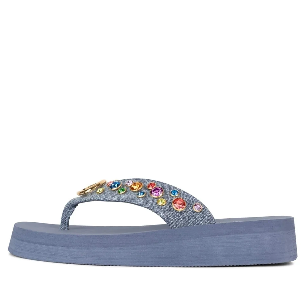 Jeffrey Campbell ICONICS Flip Flop In Blue Denim Multi Color Gemstones Size 9 - Picture 2 of 10